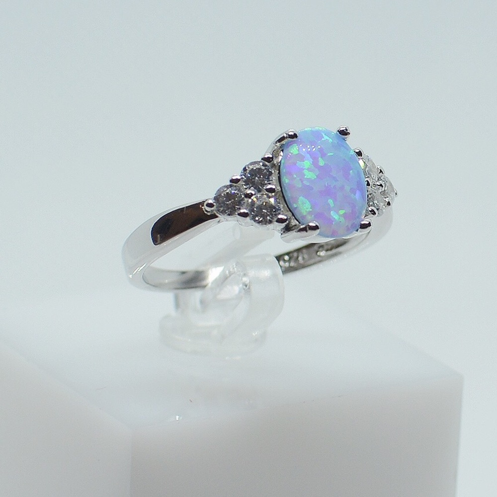 925 Sterling Silver Oval Light Blue Fire Opal Ring - Picture 2 of 5